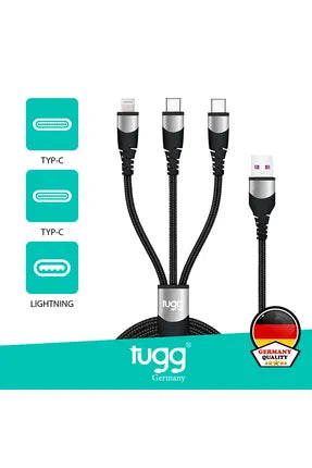 TUGG Germany Şarj ve Veri Kablosu 3'ü 1 arada USB-A Dual Type-C + IP