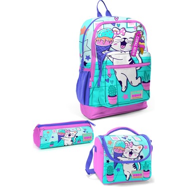 Coral High Kids Turkuaz Pembe Dondurmalı Kedi Desenli 3’lü Okul Çanta Seti SET0123751