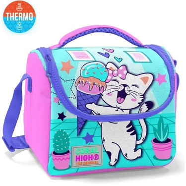 Coral High Kids Turkuaz Pembe Dondurmalı Kedi Desenli 3’lü Okul Çanta Seti SET0123751