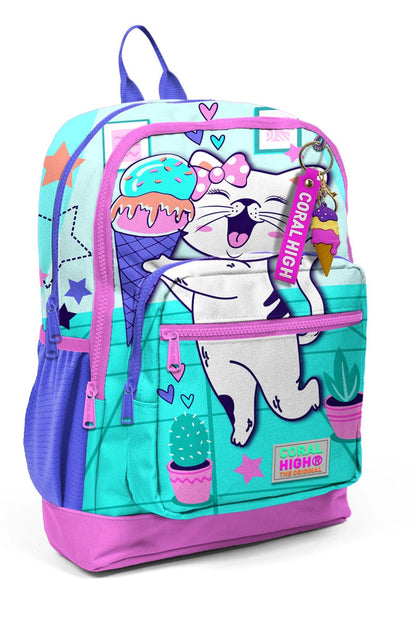 Coral High Kids Turkuaz Pembe Dondurmalı Kedi Desenli 3’lü Okul Çanta Seti SET0123751