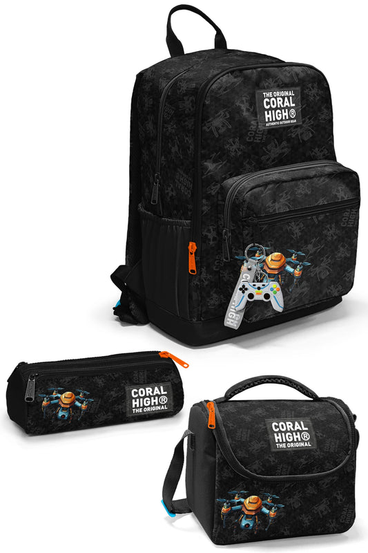 Coral High Siyah Drone Desenli 3’lü Okul Çanta Seti SET0123691