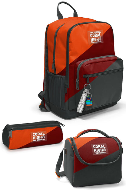 Coral High Koyu Gri Turuncu Bordo Renkli 3’lü Okul Çanta Seti SET0123692